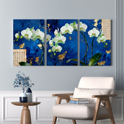 Art floral orchidée blanche sur fond bleu doré, reproduction d'art sur toile tendue sur toile, ensemble de 3