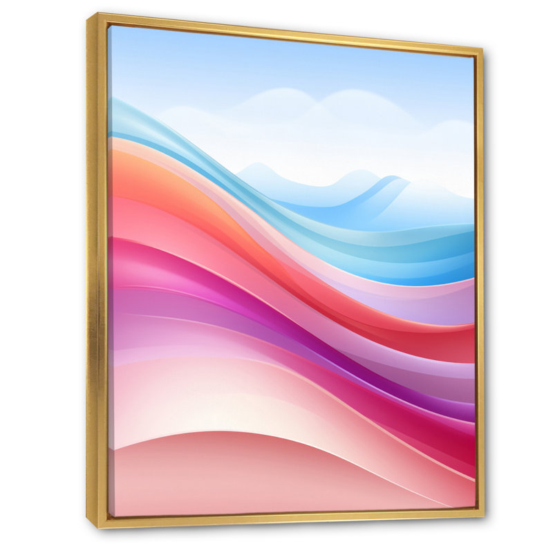 «Blue and Light Pink Abstract Waves - Abstract Shapes», art mural sur toile, Cadre flottant doré, H 20 po x l 12 po x P 1 po