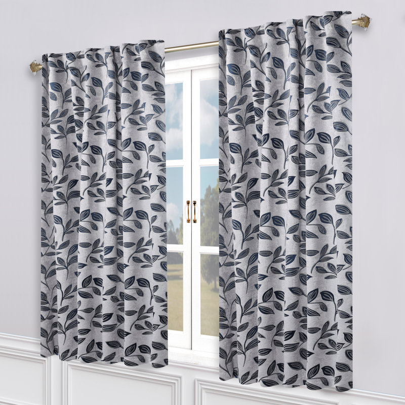  Rideaux occultant 100% polyester à motif de feuilles, Blanc/bleu marine, L 52 po x L 84 po