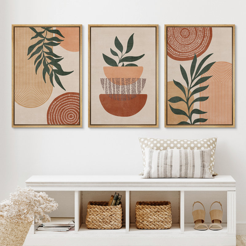 Mid Century Modern Boho Geometric Polygon Palm Leaf - 3 Piece Floater Frame Graphic Art Set on Canvas, 24" H x 48" W x 1.5" W