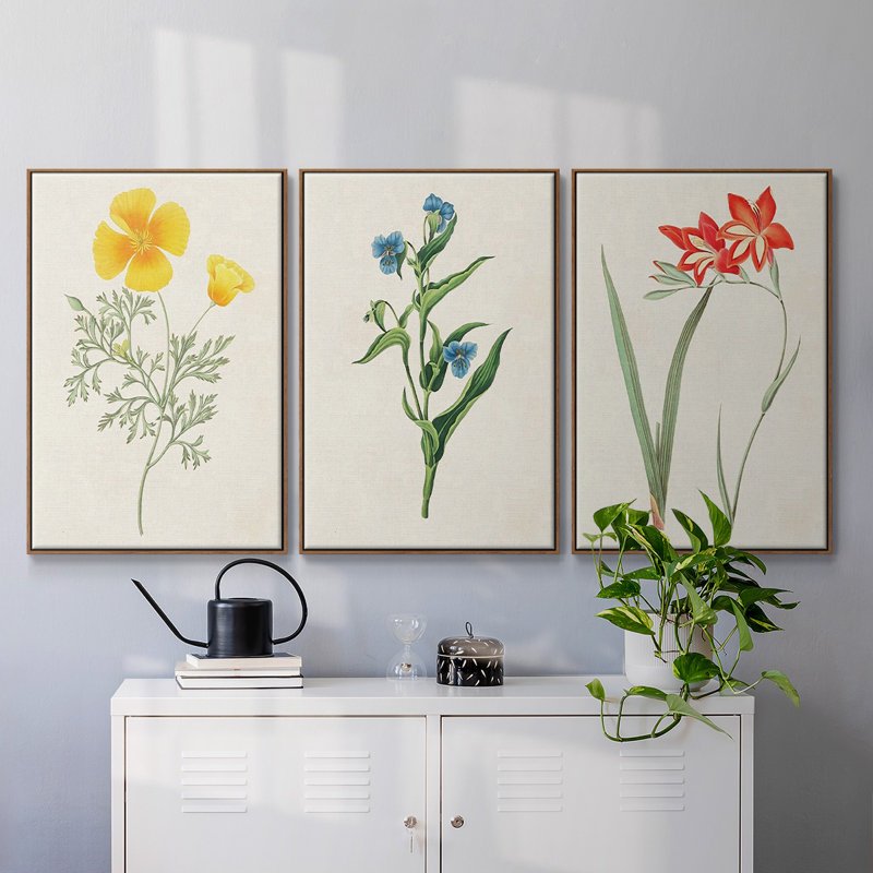 Fleurs des saisons IV, reproduction sur toile 3 pièces, H 24 po x l 48 po x P 2 po, Noyer