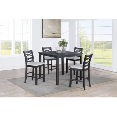 5-Piece Counter Height Dining Set, 42" Square Table, MDF & Rubberwood, 1 Table + 4 Chairs, Charcoal, Double X Cross Back with Upholstered Seats & Footrests