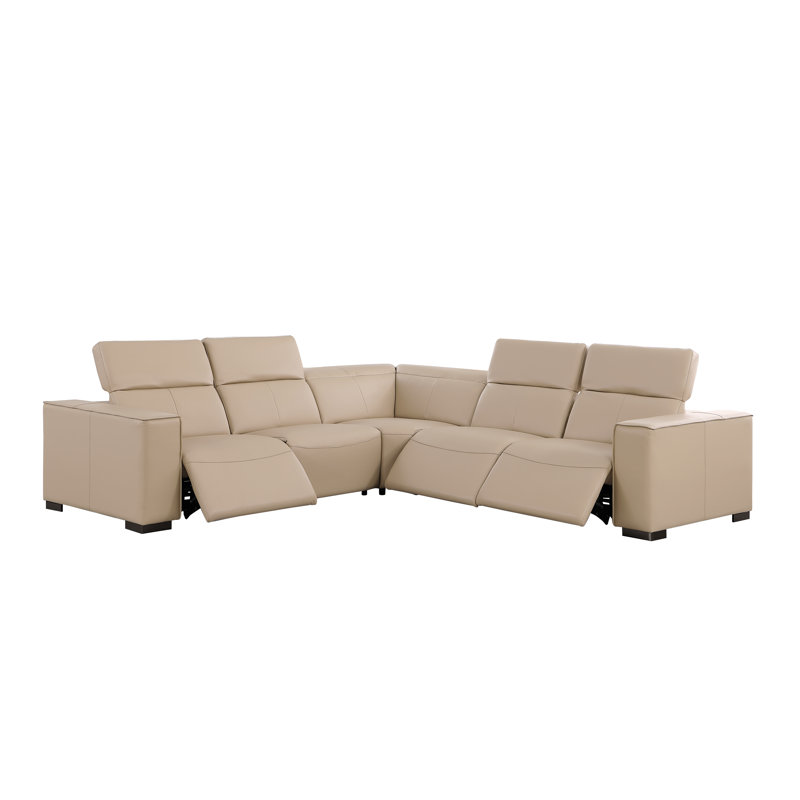 Luxurious Genuine Leather 5-Piece Sectional With 3 Power Reclining Seats & Power Headrest, Beige