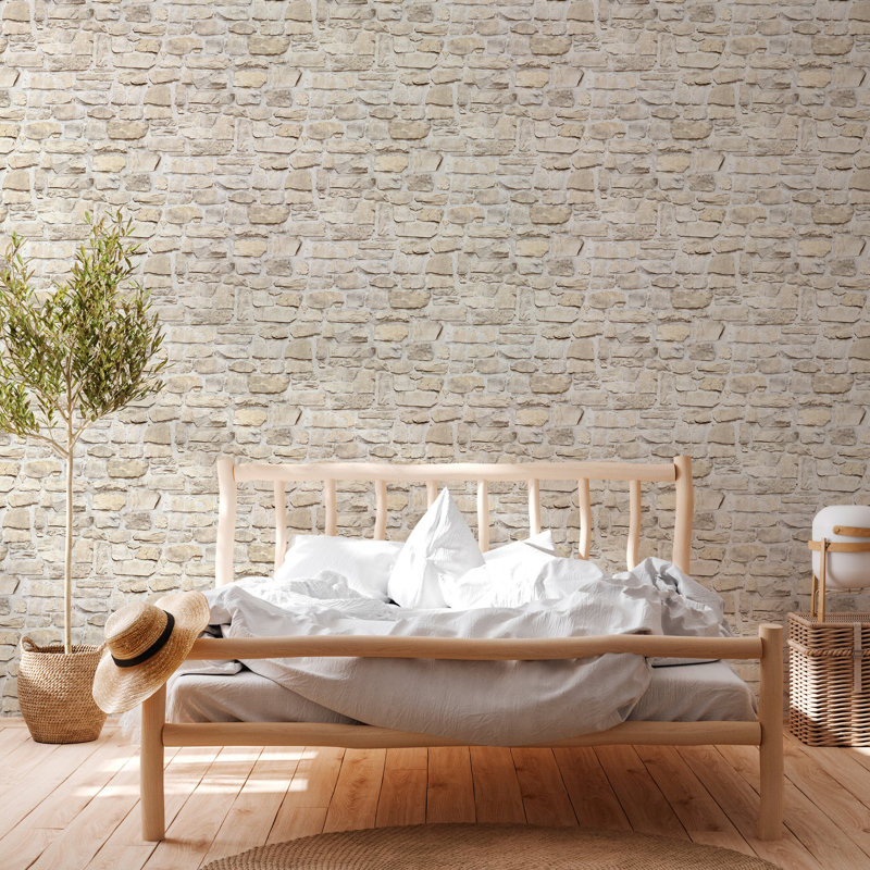Bricks and More Collection Stone Symphony Motif Wallpaper Roll, Cream