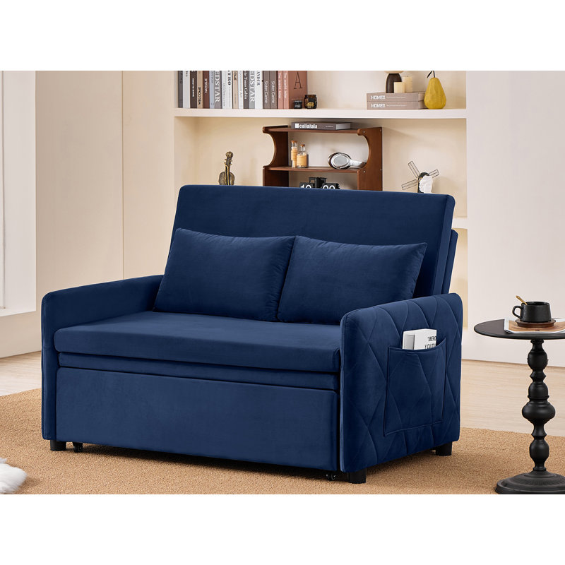 Velvet Sofa Bed with Two Pillows and Adjustable Backrest, Blue Velvet