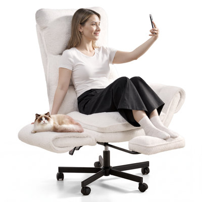 Big and Tall Office Chair, Flip Armrests for Pets & Cross Legged Sitting, Executive Ergonomic Computer Gaming Chair with Foot Rest, Teddy Fleece Wide Seat Reclining Desk Chair