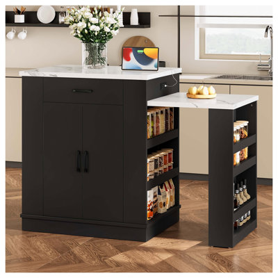 Console d'îlot extensible avec tiroirs, armoire à deux portes et tablettes ouvertes. Sert de table à manger, de bar pour le petit-déjeuner temporaire et de salon de thé l'après-midi, noir