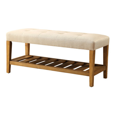 Banc contemporain rembourré avec tablette à lattes ouverte - beige et chêne pour les espaces