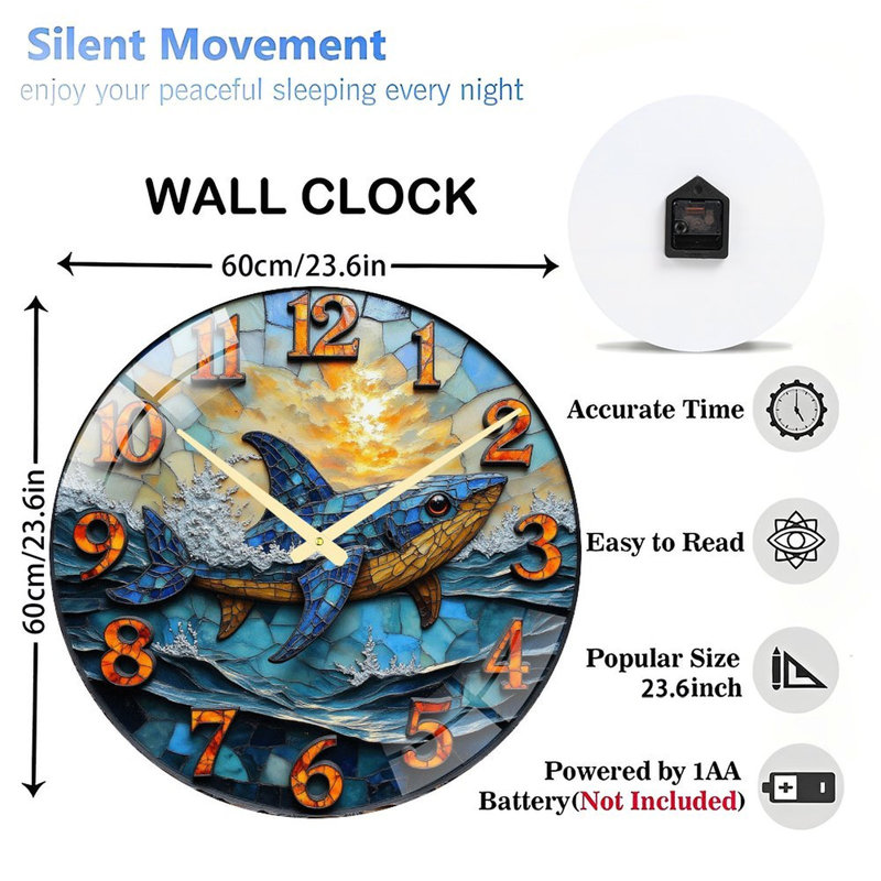 Horloge murale décorative en mosaïque de requin - 61 cm (24 po) - Horloge murale moderne en verre