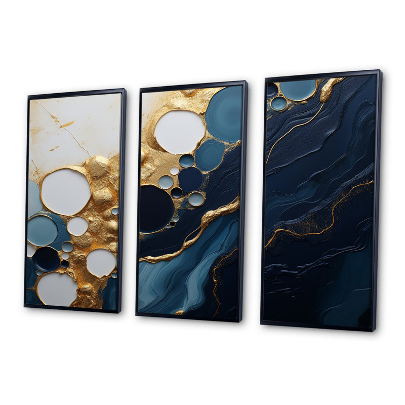 Or et marbre bleu Essence magique I - décoration murale en marbre, Cadre flottant noir, H 40 po x l 61 po x P 1 po