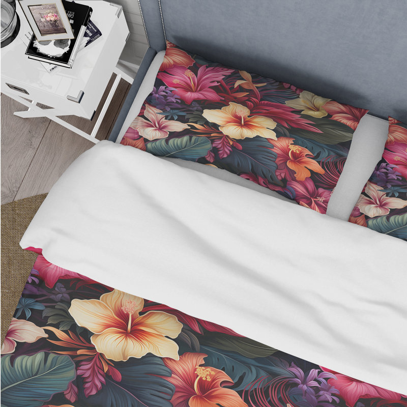 Ensemble de housse de couette Exotic Purple Hibiscus Floral Oasis II, Housse de couette pour grand lit et 2 taies décor