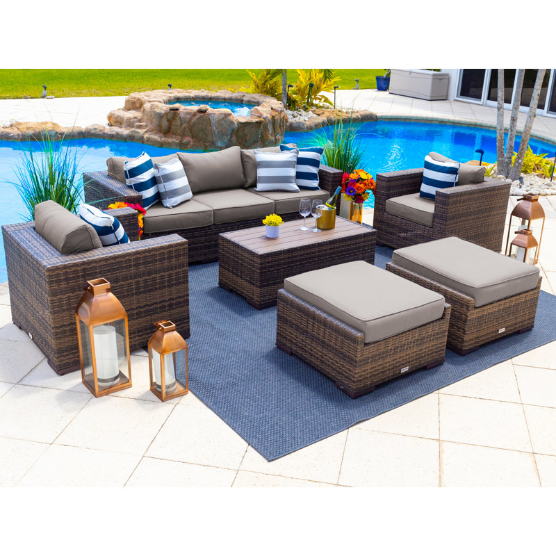 Sorrento Collection In Brown 7 - Person Patio Conversation Set with Cushions, Sunbrella Taupe