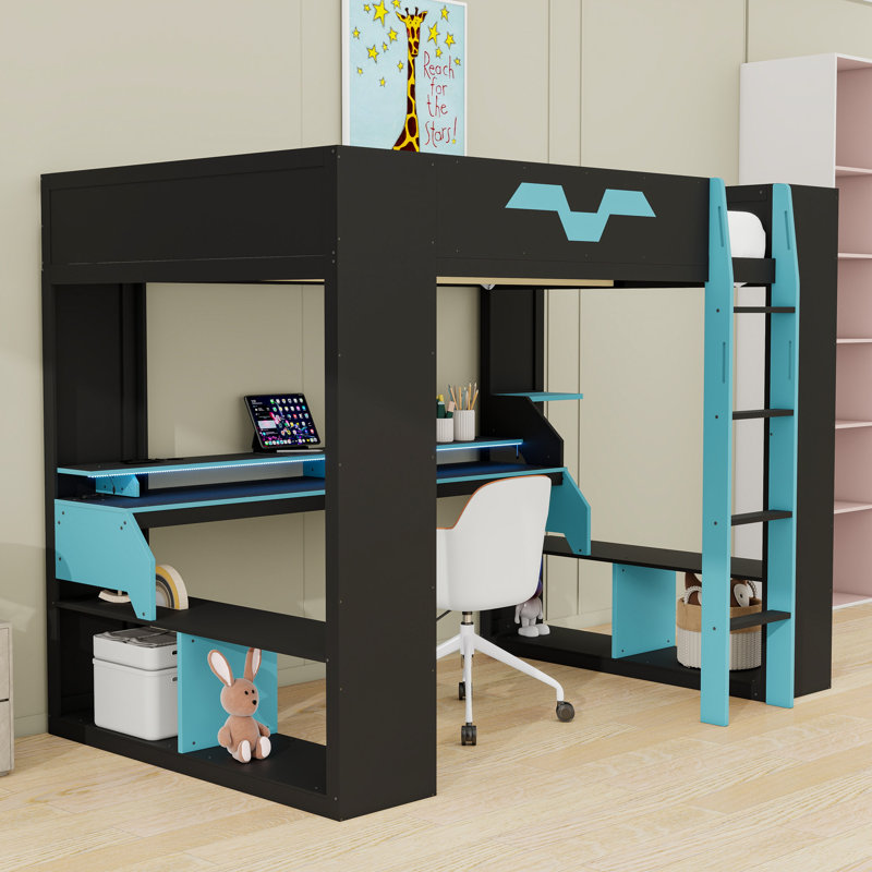 Full Wooden Loft Bed with Workspace, Power Hub, and Gaming RGB Lights, Blue