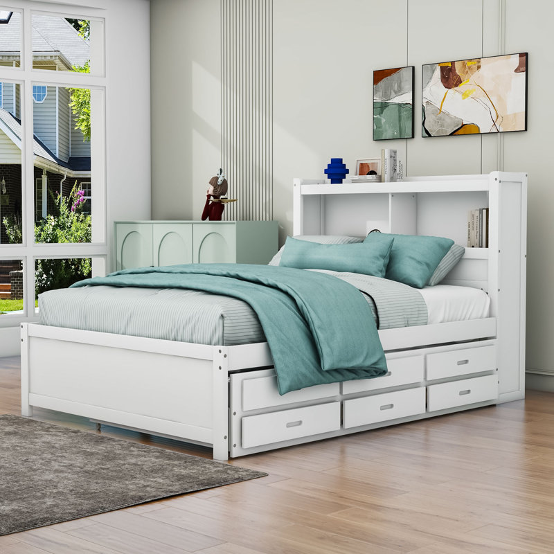 Lit plateforme en bois avec lit gigogne et tiroirs Lennja, Blanc