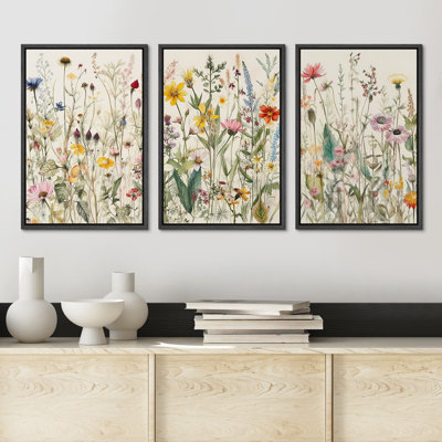 Vibrant Wildflower "Colorful Soft Floral Artwork, French Country Cottage Triptych Wall Pictures, Framed Canvas Giclée Print 3 Pieces Wall Art" 16"x24"x3 pcs, 24"x36"x3 pcs, 20"x60"x3 pcs