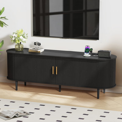 63" Fluted TV Stand With Power Outlet and Adjustable Shelves, Mid Century Modern TV Console, Sliding Doors Entertainment Center and Media Console for TVs 40" - 65"