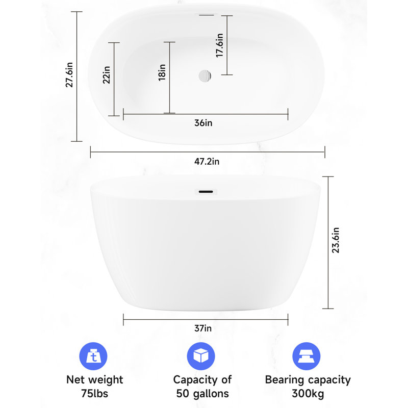 Acrylic Freestanding Bathtub 47'' - White Oval, Spacious Interior, Bathroom Tub Oval Shape, Relaxing Bath Experience, Overflow, Verified
