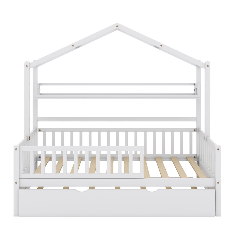 Lit maison avec lit gigogne et tablette, Blanc, Double
