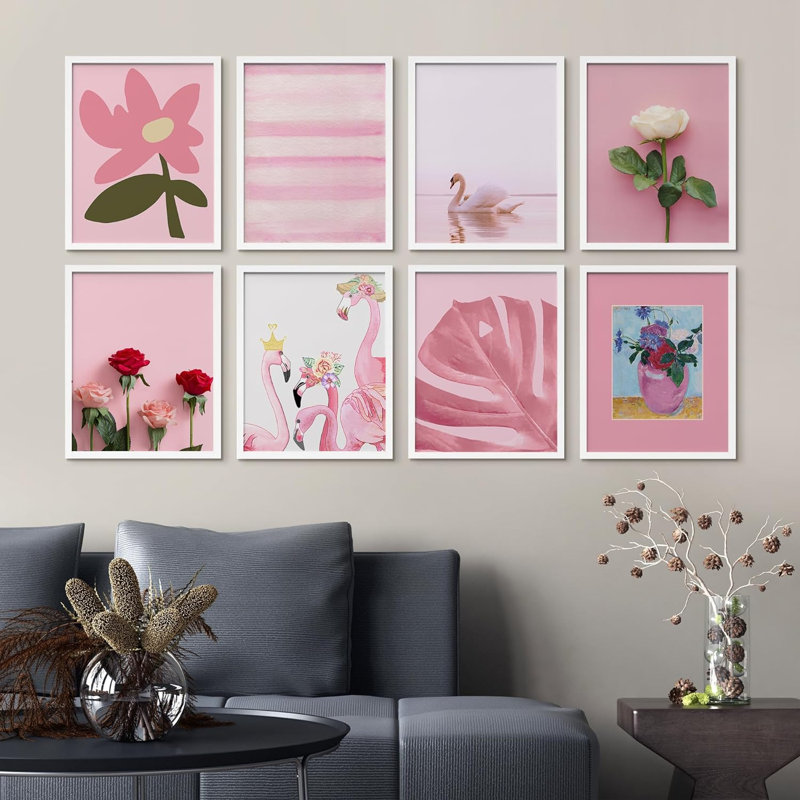 Cygne rose, flamant rose, botanique, fleur, rose, Monstera, formes abstraites encadrées sur papier, impression de 8 pièces