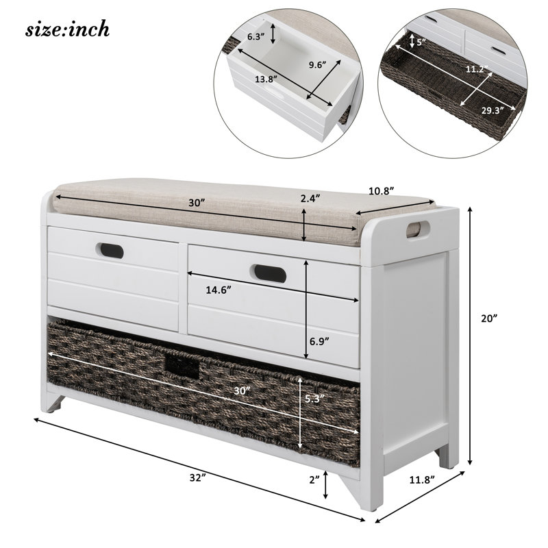 Storage Bench With Removable Basket And 2 Drawers, Fully Assembled Shoe Bench With Removable Cushion (White)