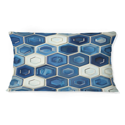 Coussin lombaire Mid-Century à imprimé hexagonal bleu et beige VI