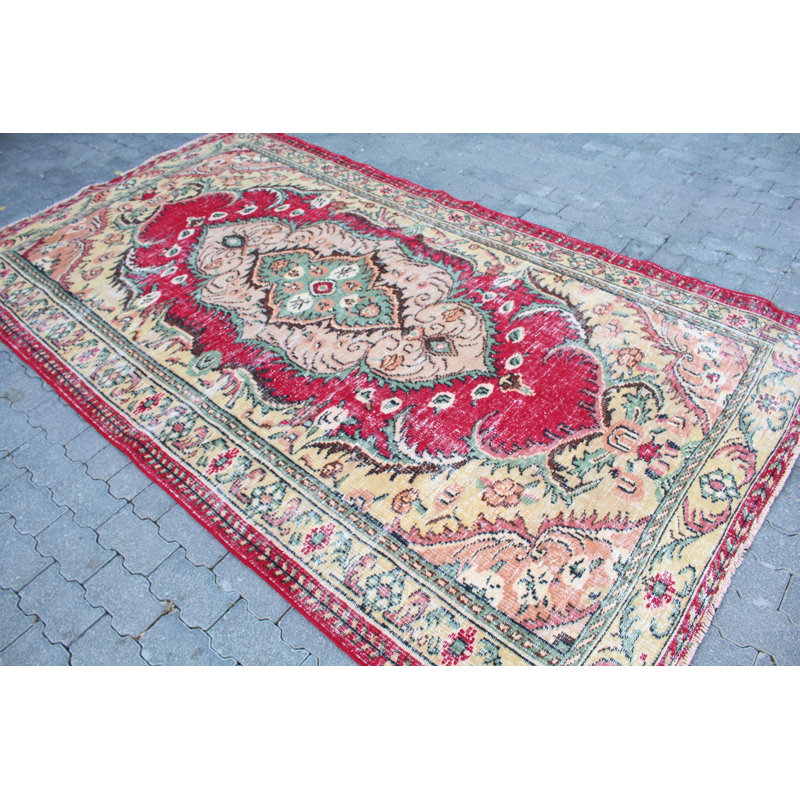 Tapis turc rétro vintage fait à la main à motif floral - style Oushak vieilli parfait pour un décor bohémien