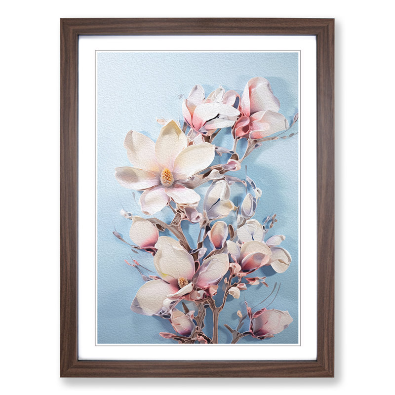 Magnolia Flower Expressionism No.3 - Single Picture Frame Print on Wood, 64cm H x 46cm W x 2cm D, Walnut Framed