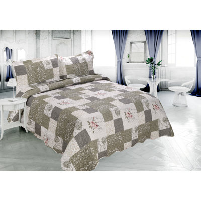 Ensemble de courtepointe estampée 2 pièces avec 1 taie décorative embossée et motif floral taupe gris taupe