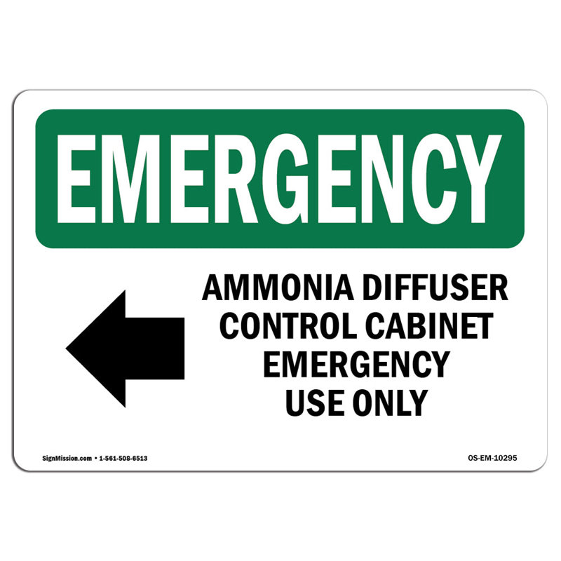 OSHA Emergency Ammonia Diffuser Control Sign, 12" H x 18" W x 0.1" D