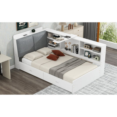 Lit plateforme simple en bois blanc avec tête de lit avec rangement, 2 tiroirs, tablettes pratiques pour le rangement dans la chambre à coucher