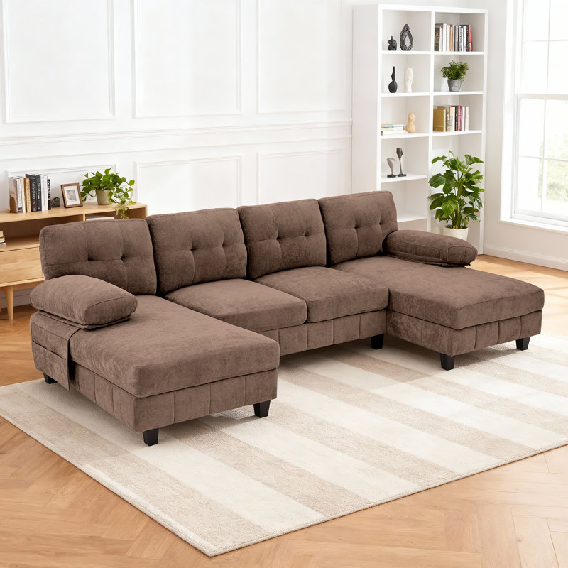 103.5" U-Shaped Chenille Sectional Sofa with Dual Chaises, Side Storage Pockets &Armrest Pillows, Brown Chenille