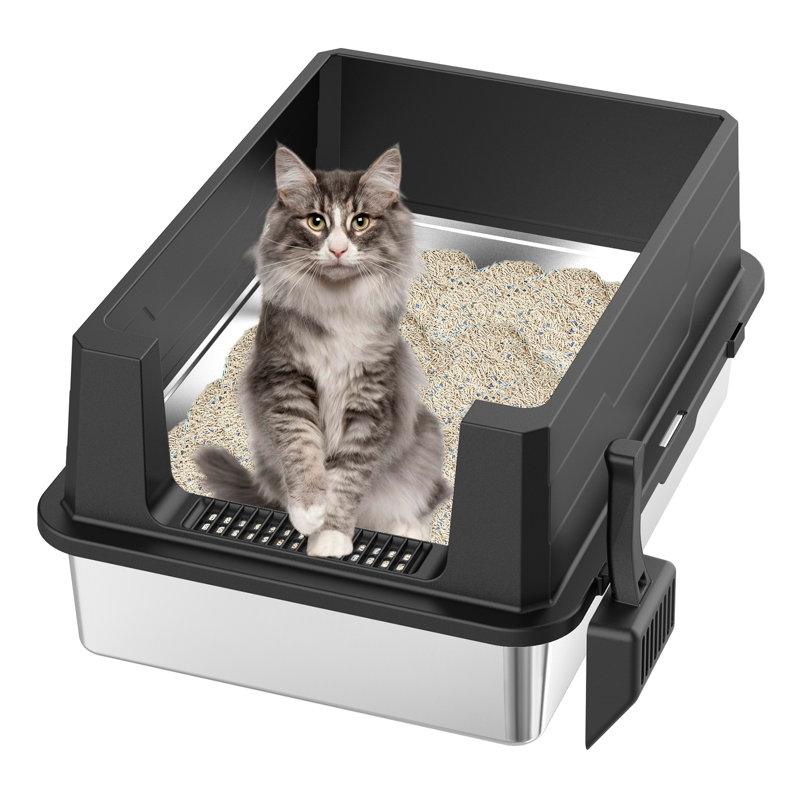 Grande grande litière pour chat en acier inoxydable avec côtés hauts et intérieur antiadhésif pour chat, résistant aux odeurs et facile à nettoyer