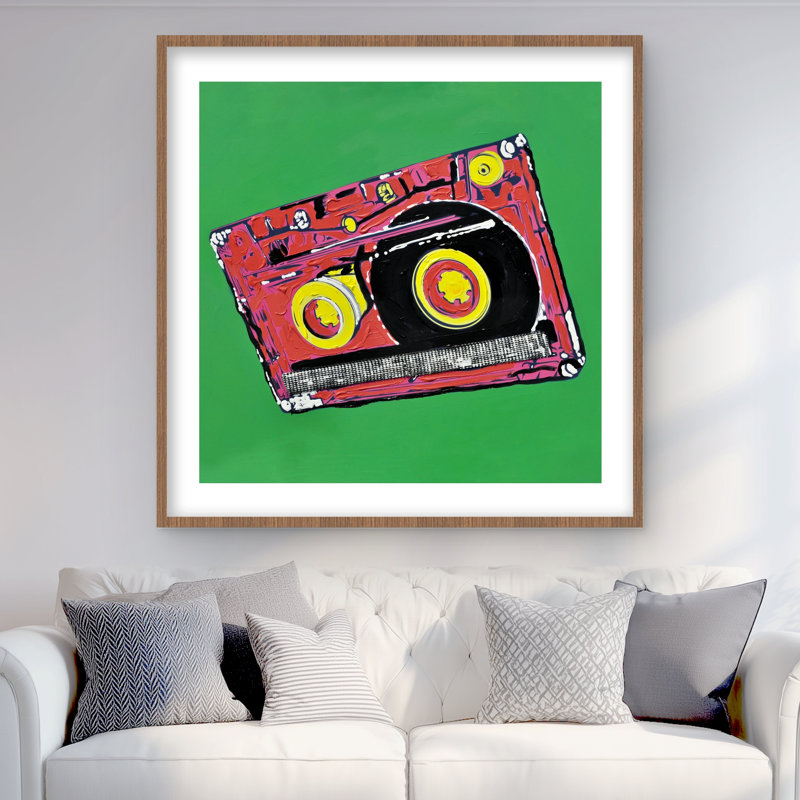 Reproduction de chambre à coucher Pop Art, lecteur de cassettes, encadrée, H 36 po x l 36 po, Vert / corail, Brun