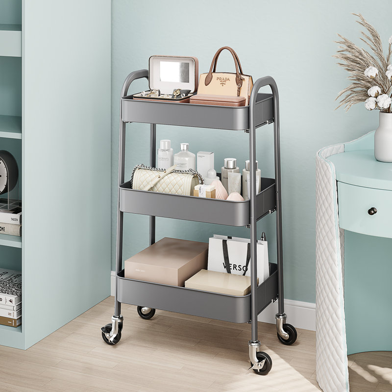 Chariot utilitaire en métal, chariot roulant à 3 niveaux avec roues verrouillables, Gris