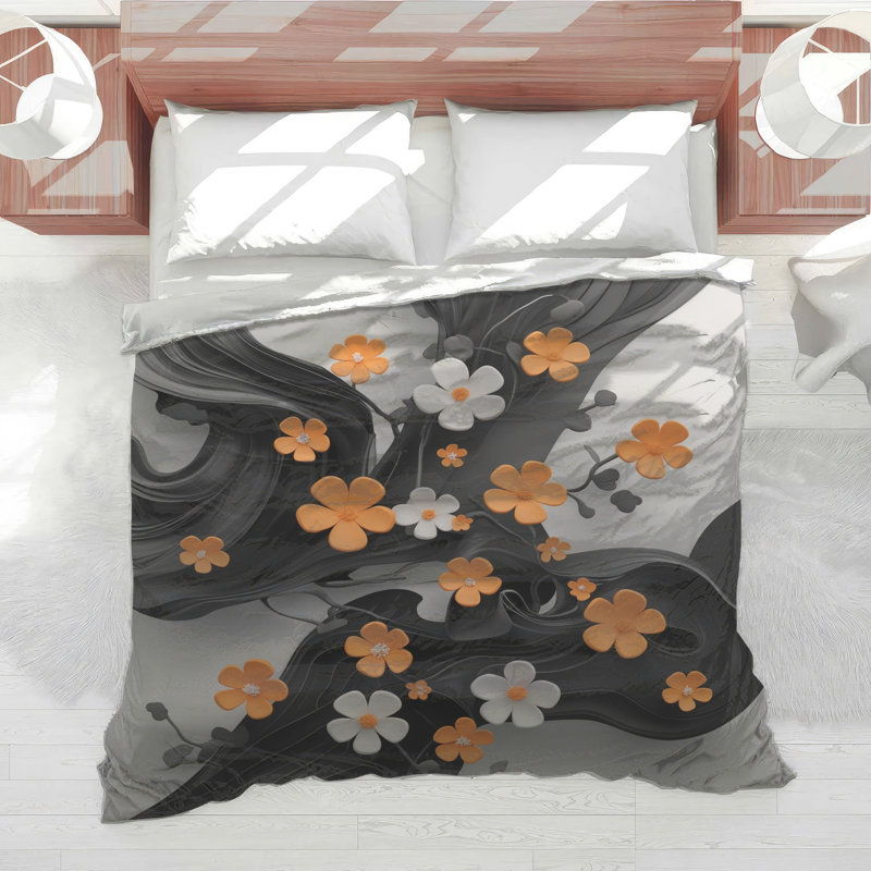 Édredon orange, fleurs blanches, Grand lit