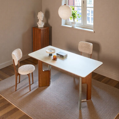 Beige Rock Slab Rectangular Dining Table Sets