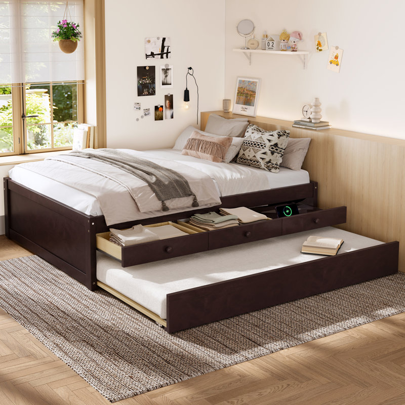 Solid Wood Platform Bed with Trundle and 2 Drawers, Built-In Power Strip, No Box Spring Needed, Modern Storage Bed, Espresso