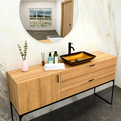 Bathroom Vessel Sink, Amber Gold Gradient, Tempered Glass, Square Bowl, Pop - Up Drain, Smooth Rounded Edges Design, Hygiene Focused