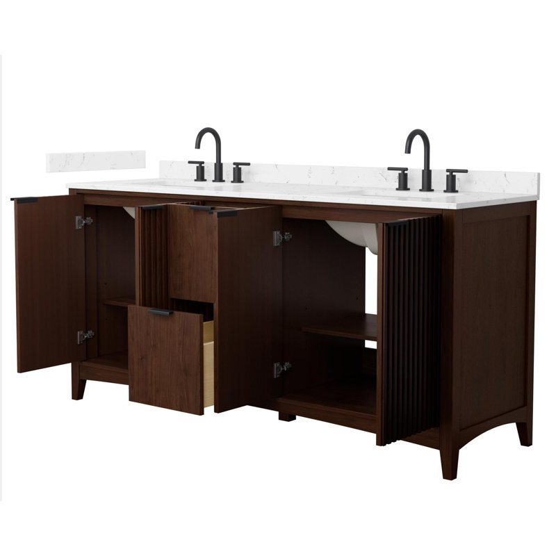 Meuble-lavabo double autoportant 72 po avec plateau en marbre de culture Palmilla, Brun, Noir mat