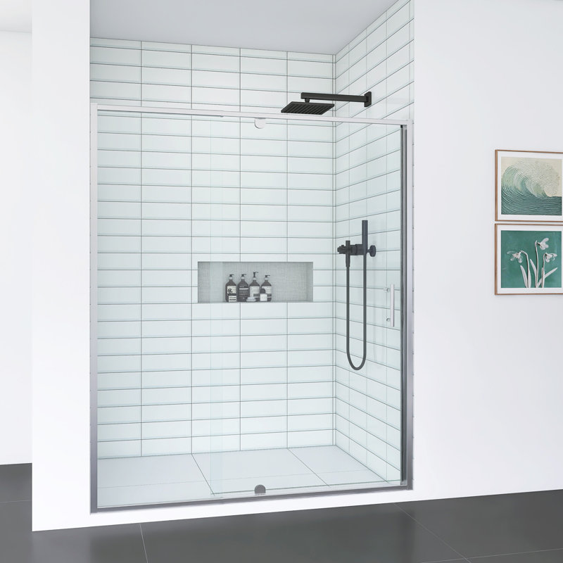 Porte de douche coulissante à cadre pivotant avec verre trempé, Chrome