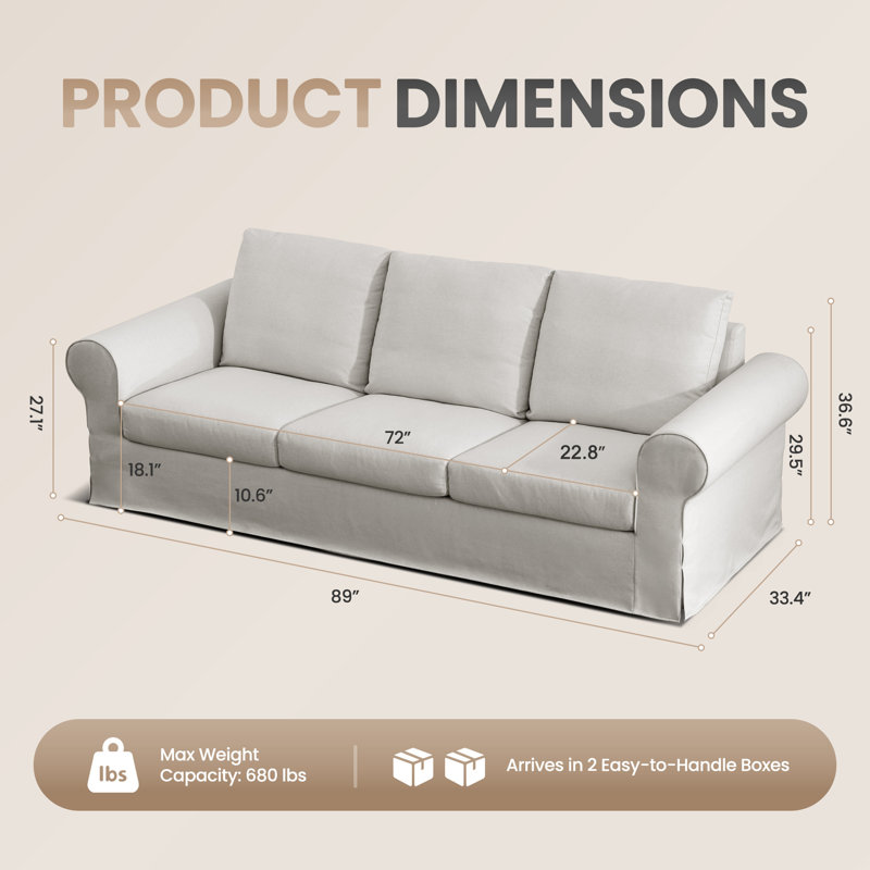 89" Comfortable 3-Seater Sofa For Living Room, Soft Slipcovered Couch With Washable Cover, Supportive Cushions & Sturdy Frame