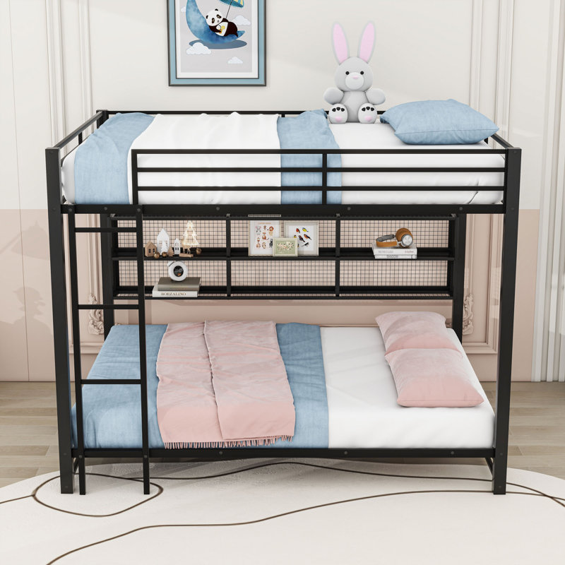 Queen Over Queen Bunk Bed With Storage Cabinets And LED Light