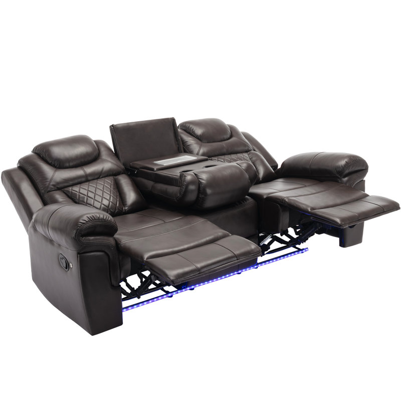 Home Theater Seating Manual Recliner Chair With Center Console And Led Light Strip For Living Room, Brown
