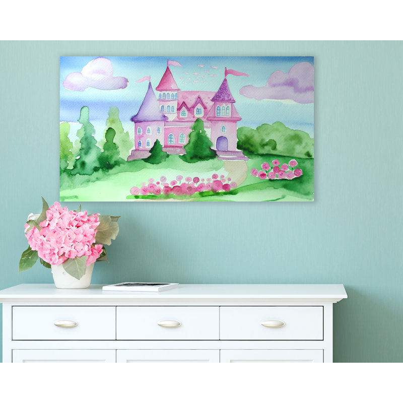 «Whimsical Watercolor Chateau: Dreamy Pastel Castle», reproduction sur toile, H 24 po x l 42 po