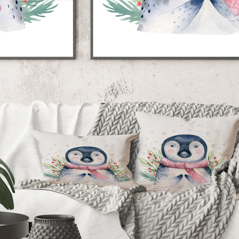 Portrait d'un bébé pingouin avec un foulard rose - Coussin 1