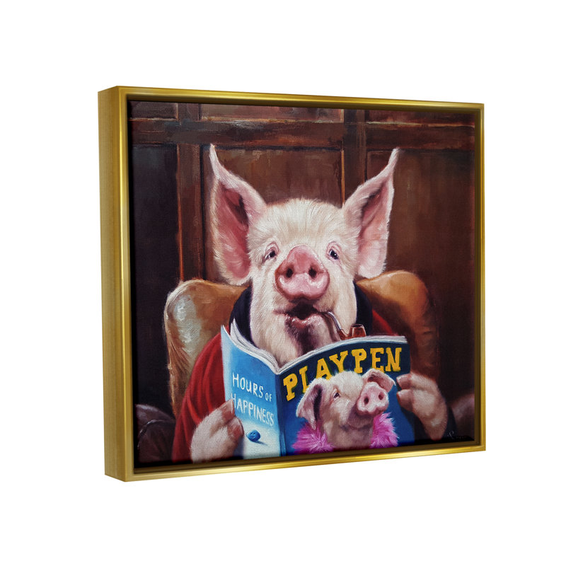 Drôle de cochon «Man Cave» - Peinture, H 25 po x l 31 po x P 1,7 po, Cadre flottant métallique doré