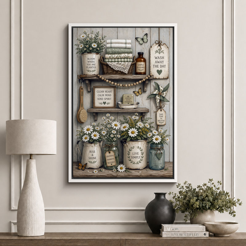 «Farmhouse Daisy Bath Shelf Arrangement», images de salle de bain, impression sur toile encadrée, Cadre blanc