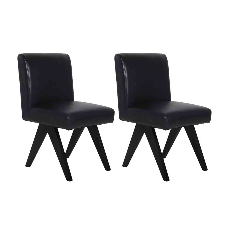 Ensemble de 2 chaises de salle à manger en similicuir à dossier solide avec pieds en bois massif en forme de V, Noir, Noir