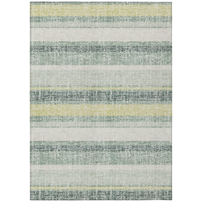 8' X 10' Pale Aqua And Lime Green Striped Washable Indoor Outdoor Area Rug