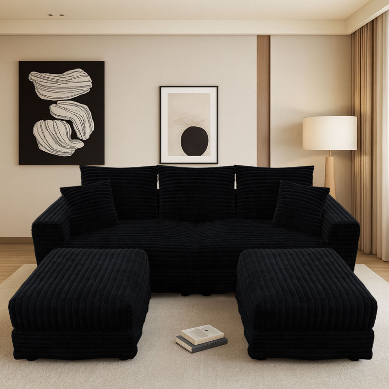 Canapé modulaire rembourré en tissu 3 places avec 2 repose-pieds Modern, H 35,35 po x l 82,87 po x P 66,94 po, Gris